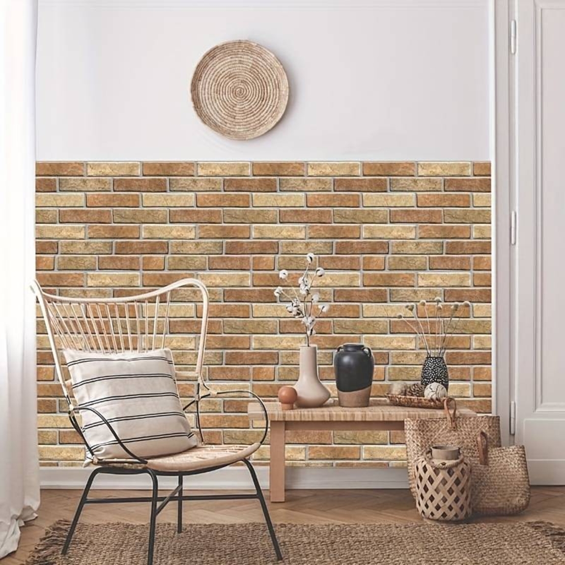 Set 10 x Placi Tapet Autocolant 3D cu Imitatie de Caramida de Piatra, pentru Perete Bucatarie Sufragerie, Usor de Curatat, Rezistent la Apa, Autoadeziv, 30x30 cm, Maro