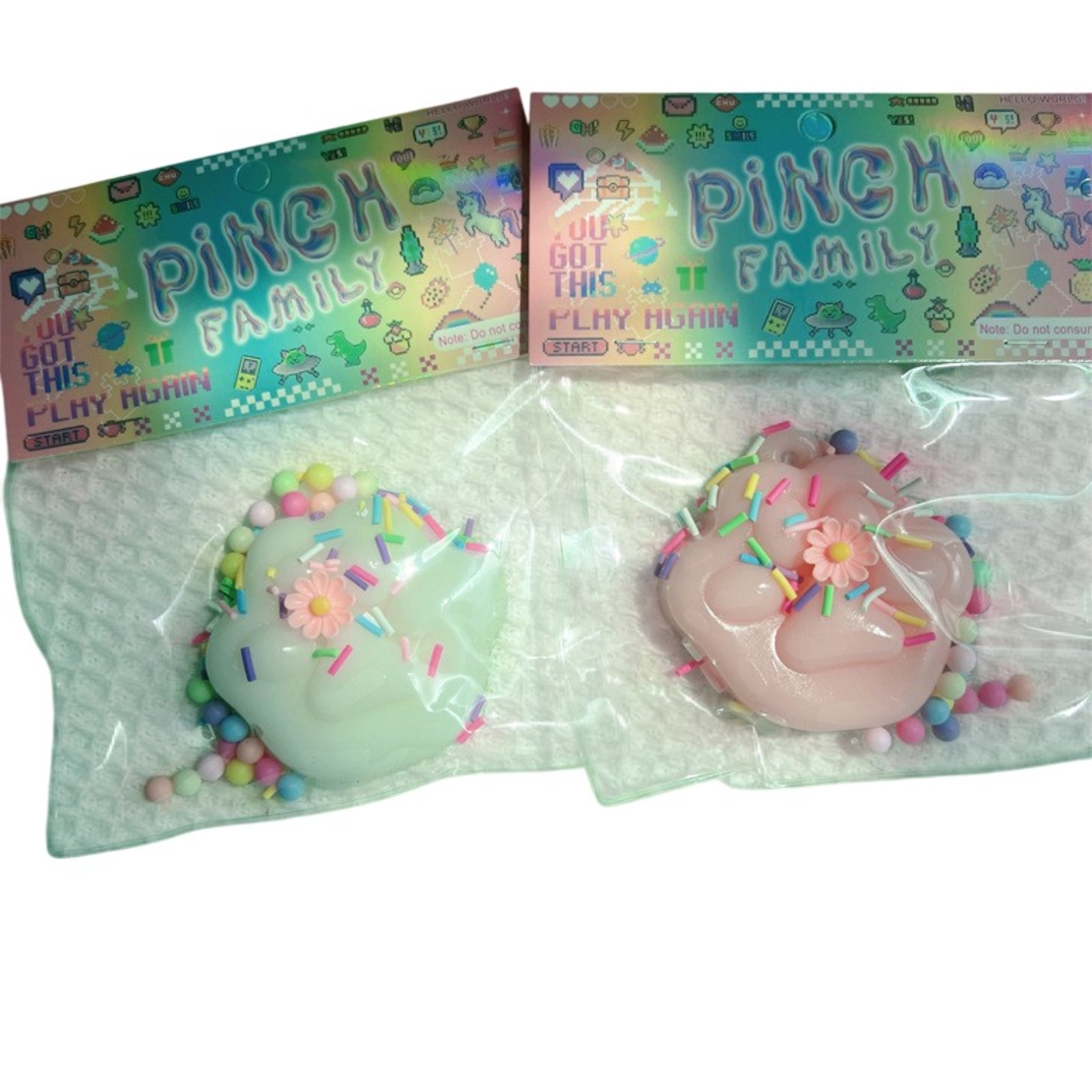 Set 12 Jucarii Antistres Squishy, Flippy, cu Revenire Lenta, Squeeze Pinch Family, Model Labuta de Pisica, 6x6 cm, 45g, Ambalaj Transparent, Alb+Roz