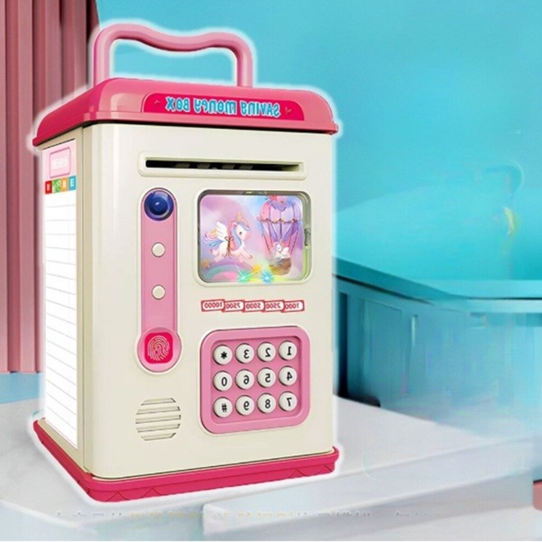 Set Pusculita pentru Copii, Flippy, Tip ATM, Parola cu Amprenta, 13.5 x 11.5 x 20 cm, Roz