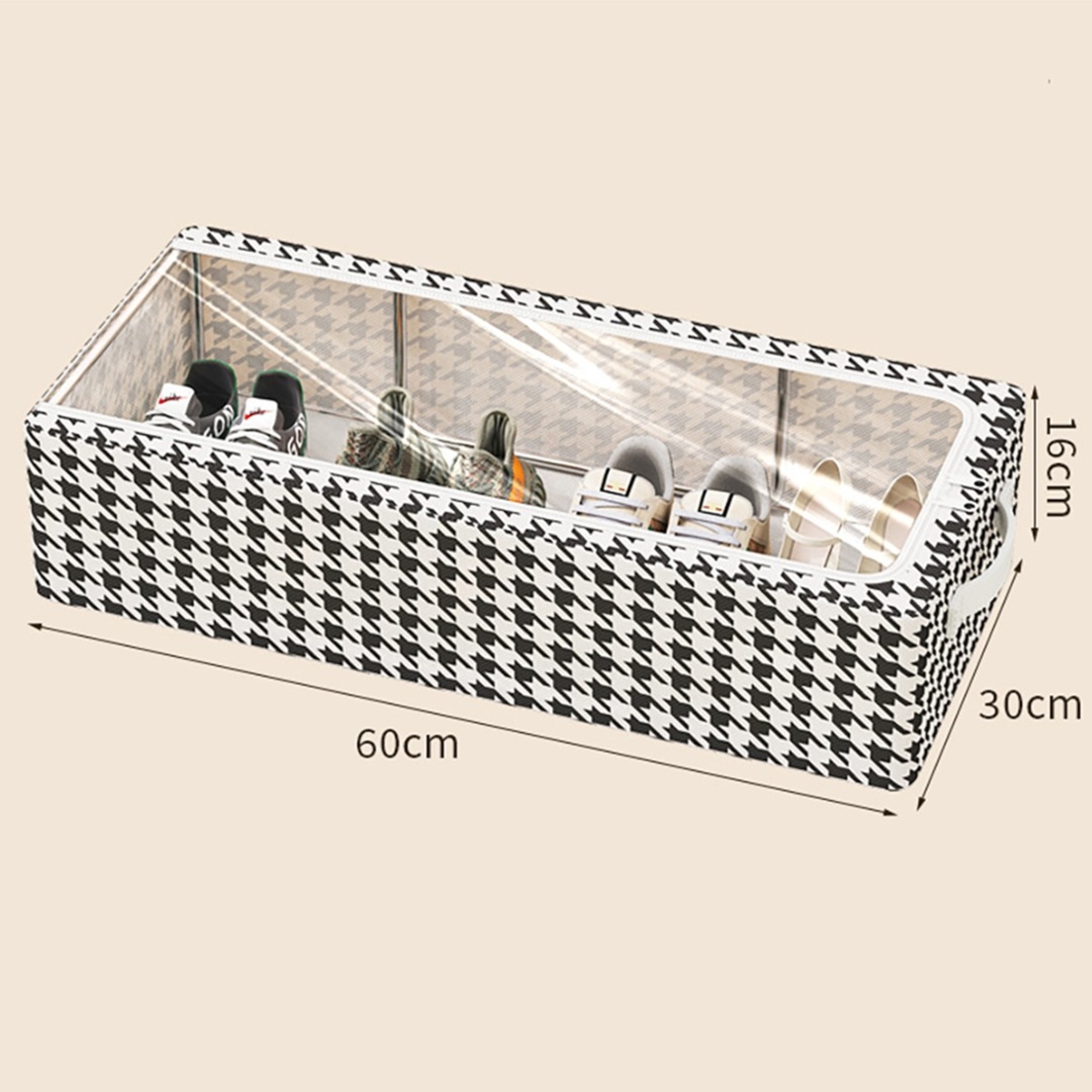 Cutie Depozitare cu Cadru Metalic, Flippy, pentru Incaltaminte, Haine, Lingerie, Fermoar Calitativ, Fereastra Transparenta, Manere Laterale, 60 x 30 x 16 cm, Alb Negru