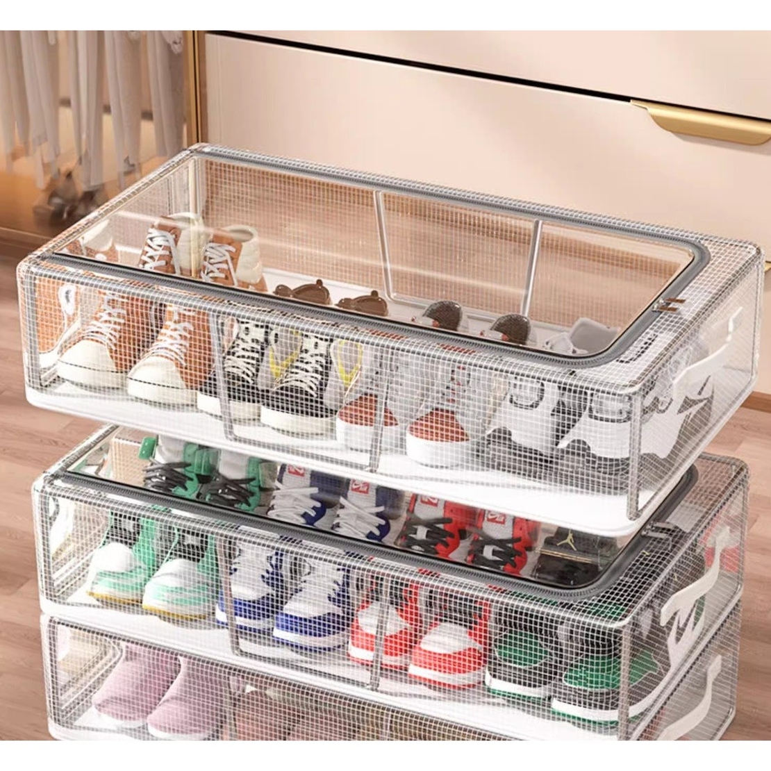 Cutie de Depozitare pentru Pantofi, Flippy, 60*30*21CM , din Plasa PVC Impermeabila si Cadru de Otel, Pliabila, Fermoar Bidirectional, Transparenta