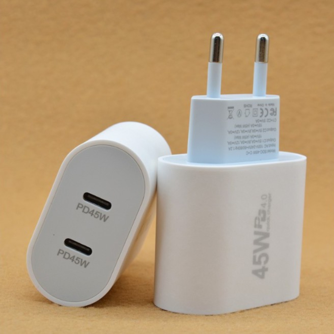 Incarcator Fast Charge pentru Telefon, Flippy, Power Delivery 45W, Dual Port Type-C PD45W, Compatibil cu orice Telefon, Alb