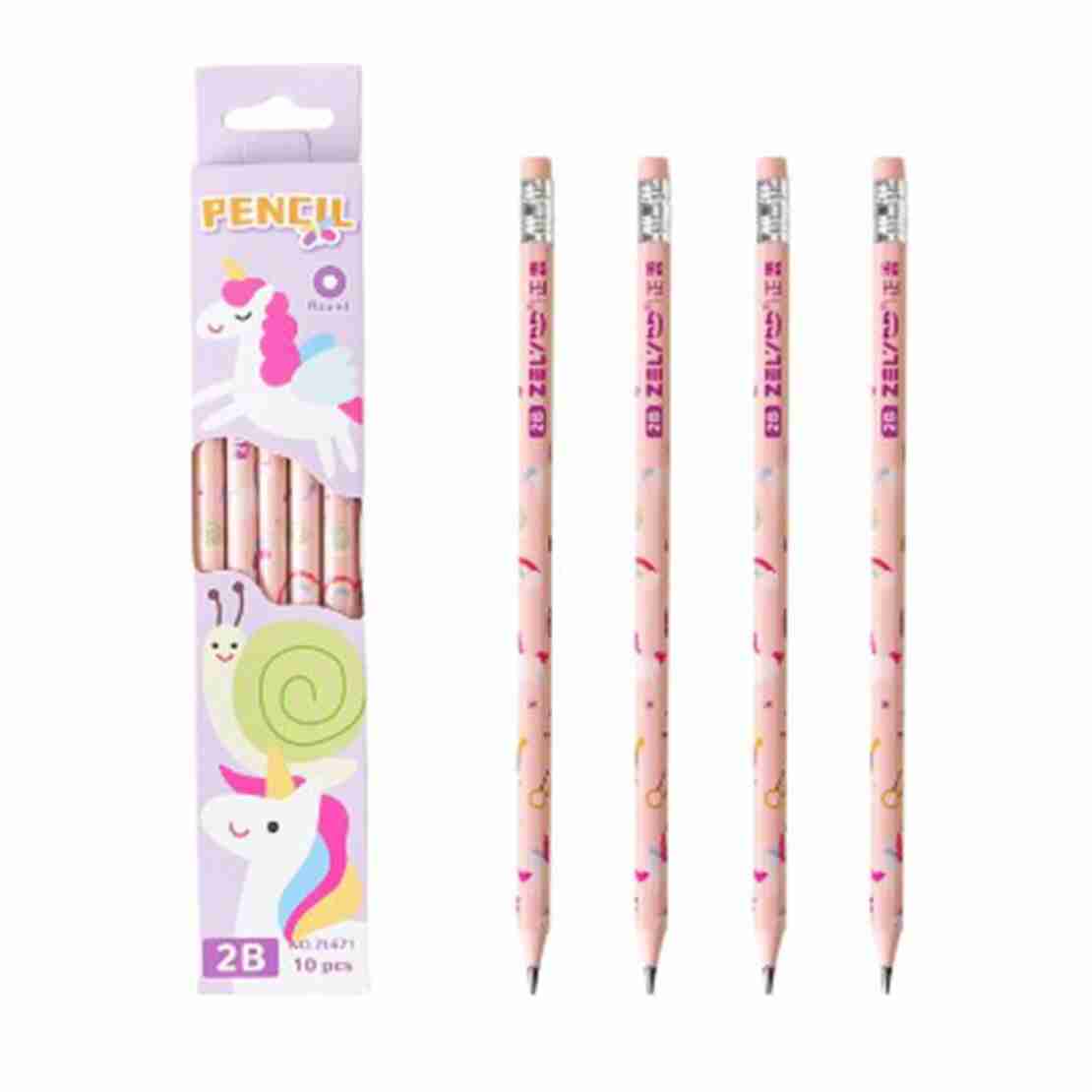 Set 10 Creioane Negre, Flippy, 2B, pentru Elevi Scoala, cu Radiera, Model Roz cu Unicorni