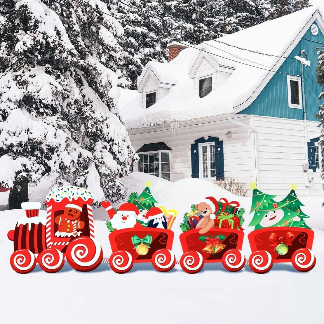 Decoratiune de Craciun, Flippy, pentru Gradina, Tip Trenulet, 4 Figurine + Bete de Infipt in Pamant, din Plastic, Impermeabil, Model Tren cu Omul Briosa in Locomotiva, Multicolor