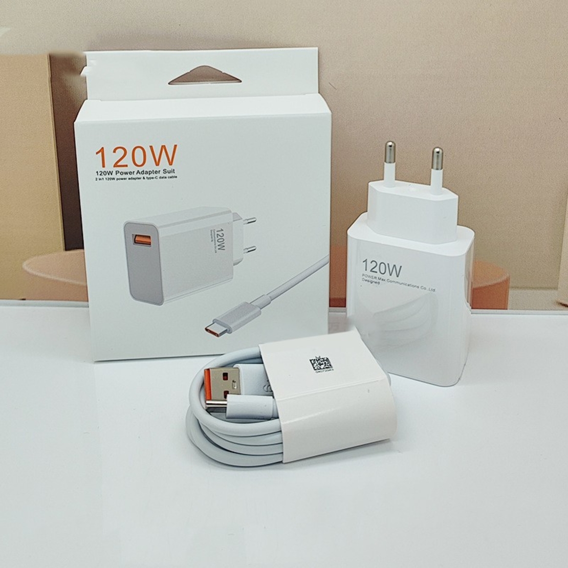 Incarcator Retea Super Charge pentru Telefon, Flippy, 120W Standard UE, Port USB-B cu Cablu TYPE-C de 1m Inclus, Alb