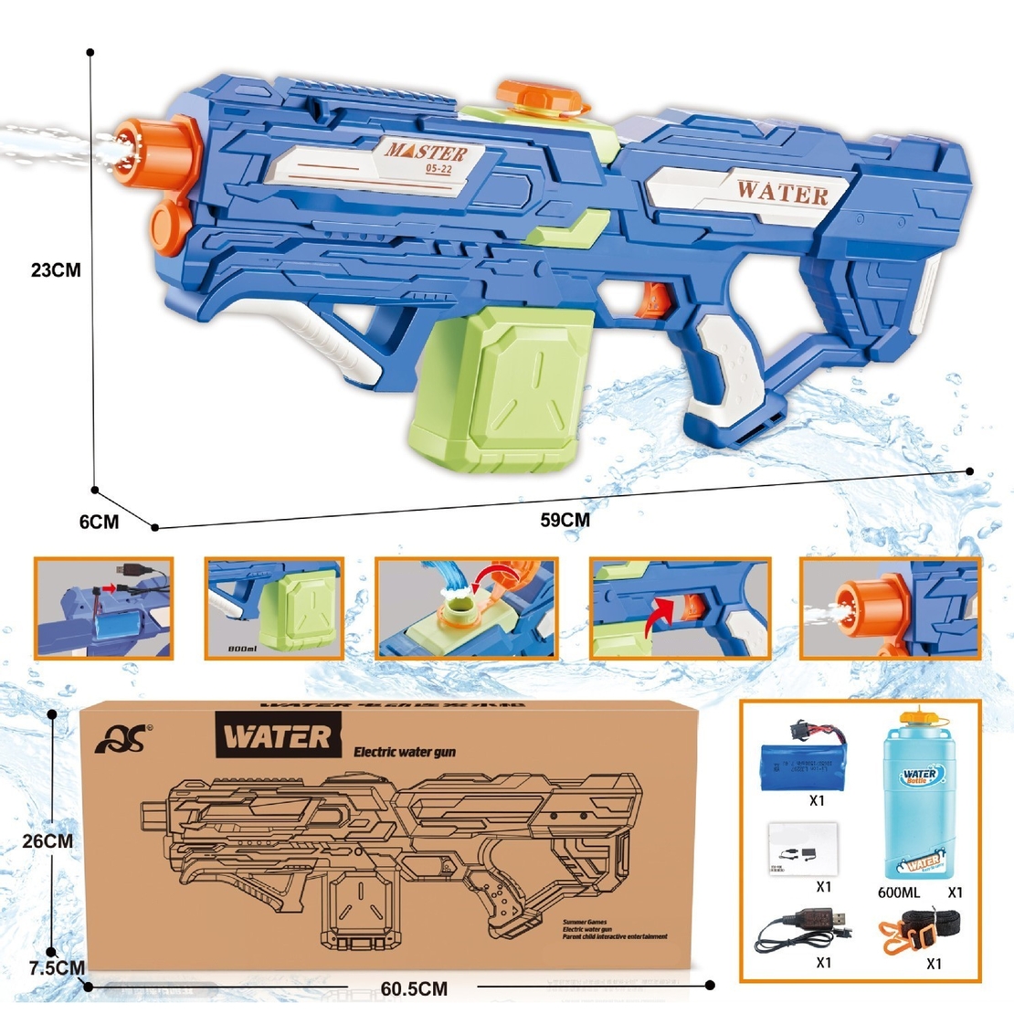 Pistol cu Apa pentru Copii, Rezervor 600ml, Flippy, 14ani+, cu baterie 1500mAh, Electric Burst, Albastru/Verde, 800ML