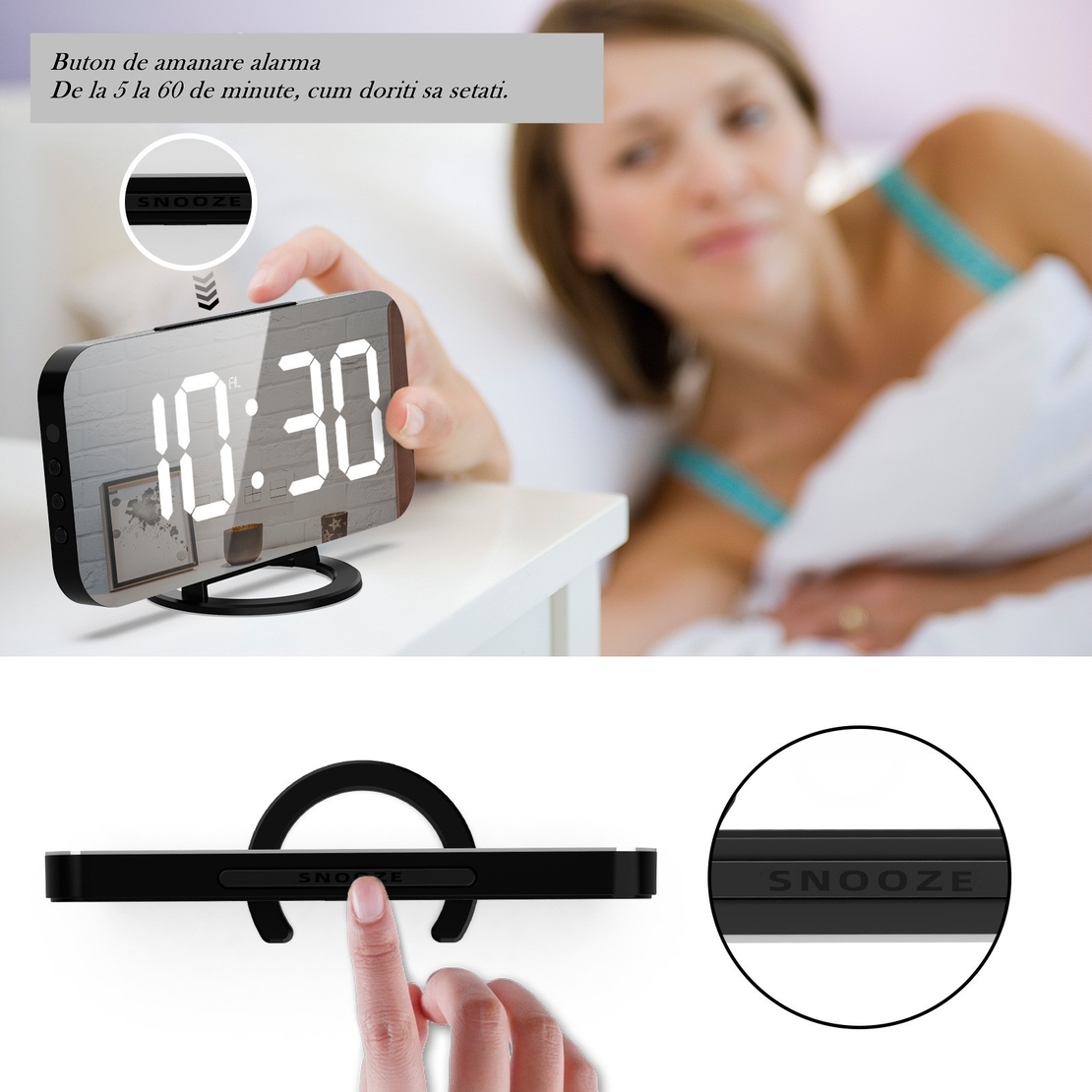 Ceas digital cu LED, Flippy, multifunctional, afisaj digital, alarma, 2 porturi USB de iesire, ecran tip oglinda, modern, 15.8 cm, alb