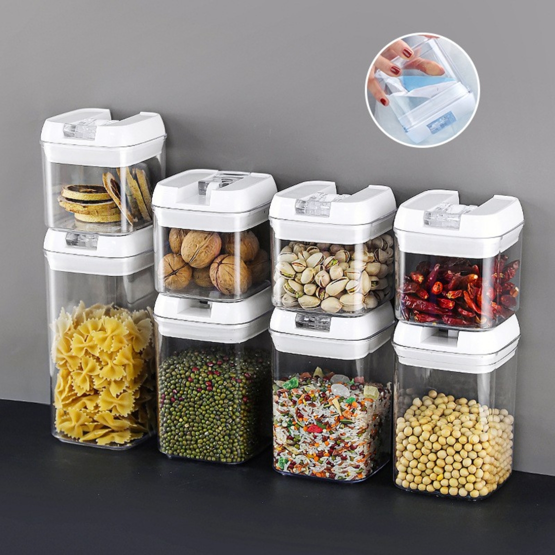 Set 6 Recipiente din Plastic, Flippy, pentru Alimente/Obiecte, Inchidere Ermetica, 2 x 0.5l, 2 x 0.8l, 2 x 1.2l, Capac Alb, Transparent