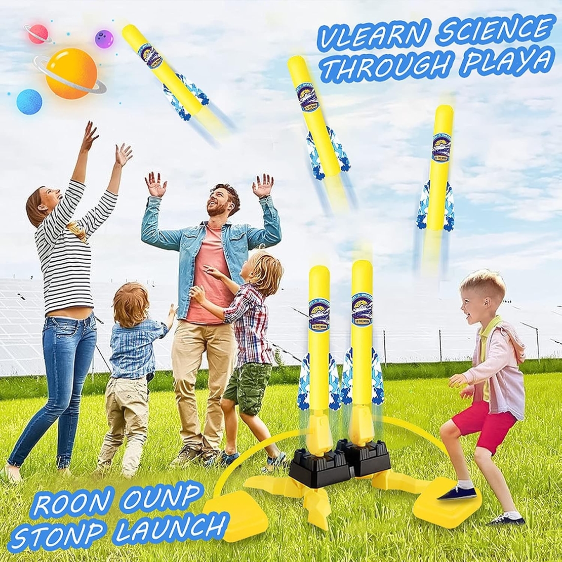 Jucarie pentru Copii, Flippy, Lansator de Rachete cu Piciorul, Doua Lansatoare, 6 Rachete Fara Lumini, 45x18 cm, Galben