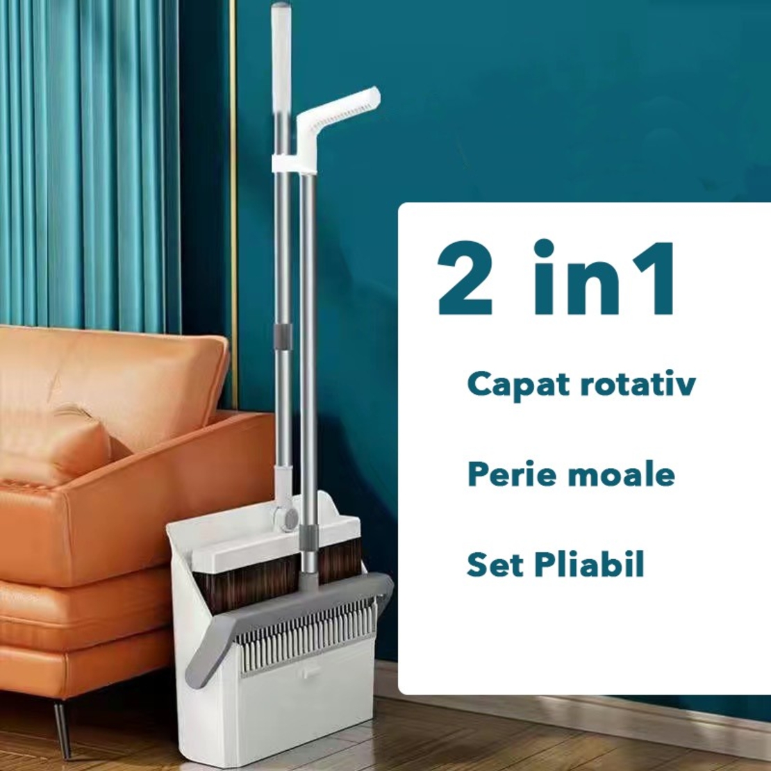 Set Matura si Faras cu Coada Flippy, cu Dinti de Pieptene pentru Curatare Matura, rotativ, pliabil, detasabil, Otel inoxidabil si Polipropilena, 99 x 30 cm Gri