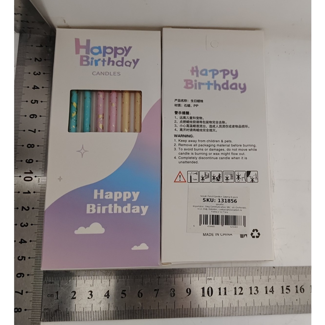 Set 6 Lumanari Lungi, Flippy, din Parafina, 10 x 0.5 cm, Happy Birthday, Multicolor