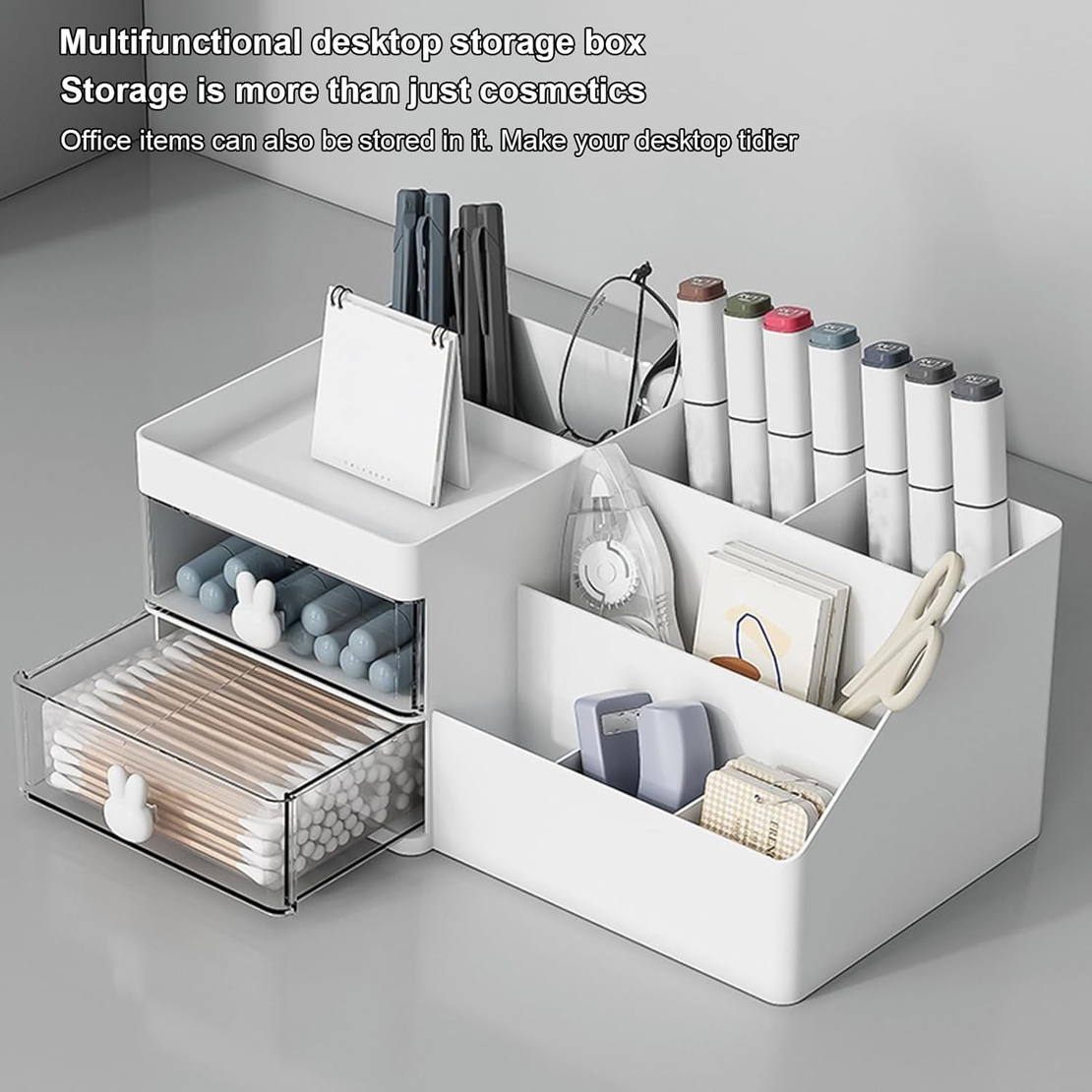 Cutie de Depozitare pentru Birou, Flippy, Pentru Makeup, Papetarie, Organizator Cosmetice, 2 Sertare si Compartimente Multiple, Model Iepuras, Plastic, 27.5x15.5x12 cm, Alb