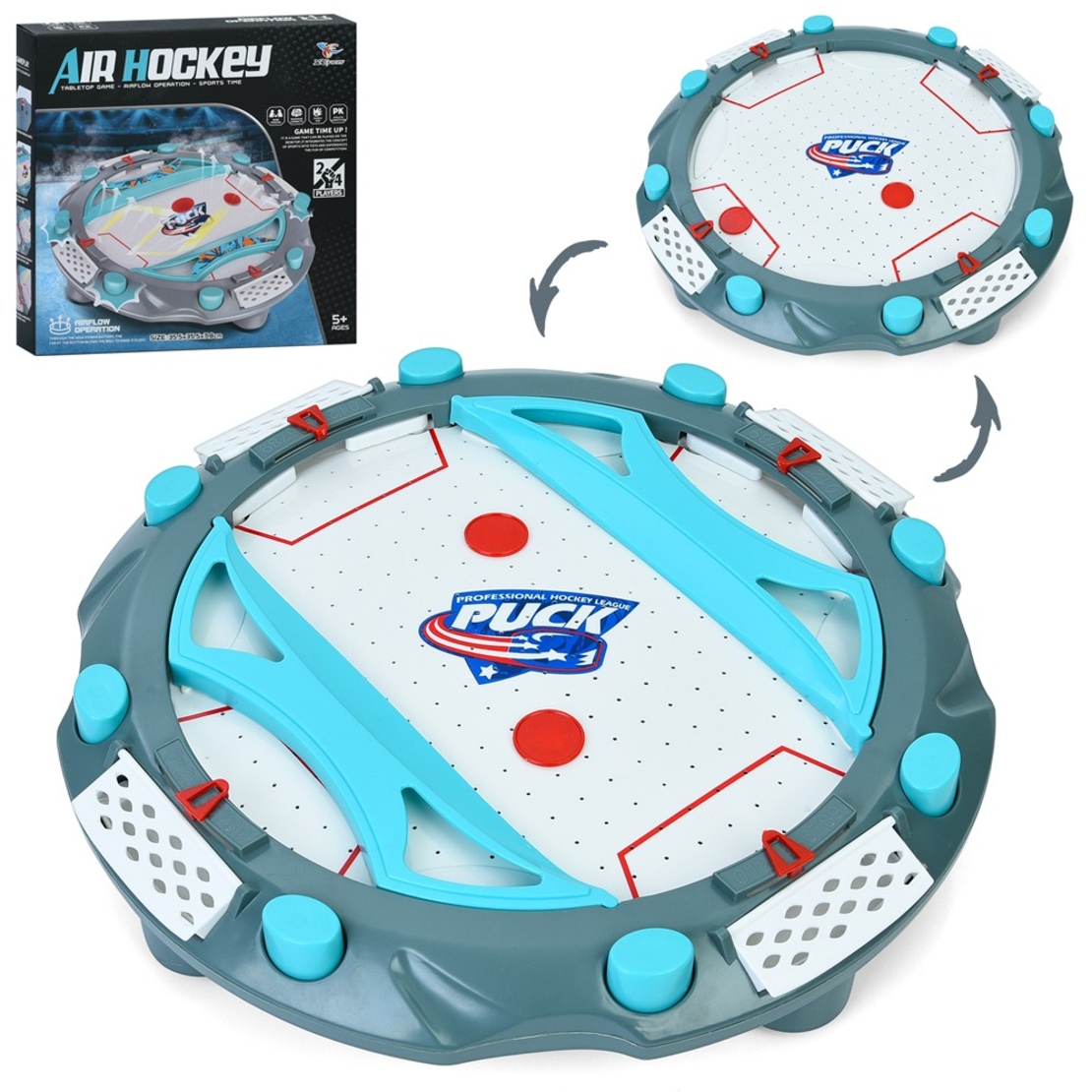 Masa Air Hockey, Flippy, cu Tabela de Scor, 2 Pucuri, Fara Picioare, din ABS, pentru Adulti/Copii +5 Ani, 35.5 x 7.8 x 35.5 cm, Gri