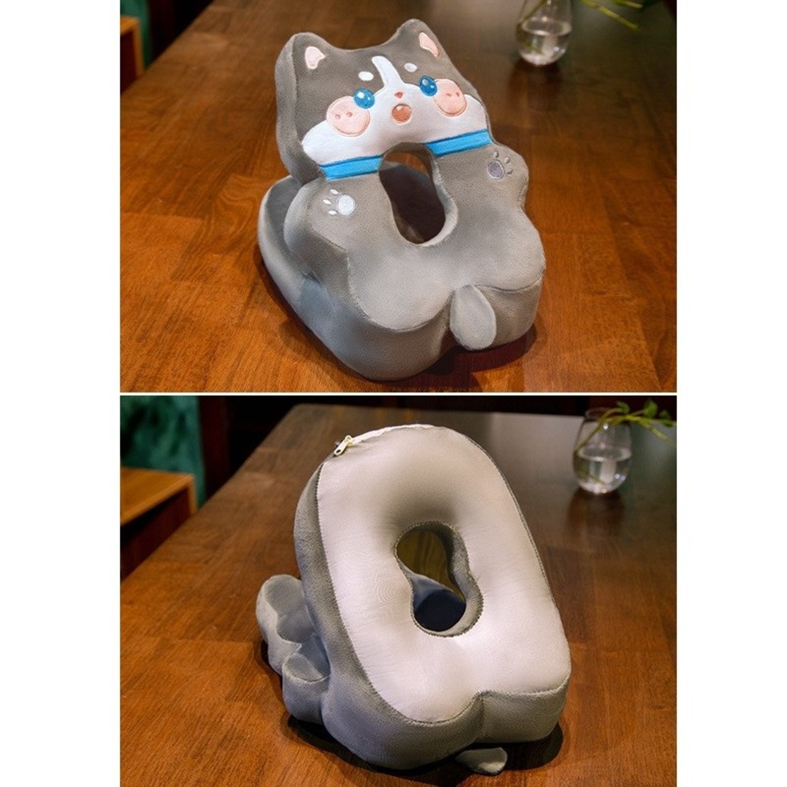 Perna din Spuma, Flippy, pentru Birou, Calatorii, Model Husky, Lavabila, Umplutura de Bumbac, Spatiu Cap in Forma de 8, 30x35x30 cm, Gri