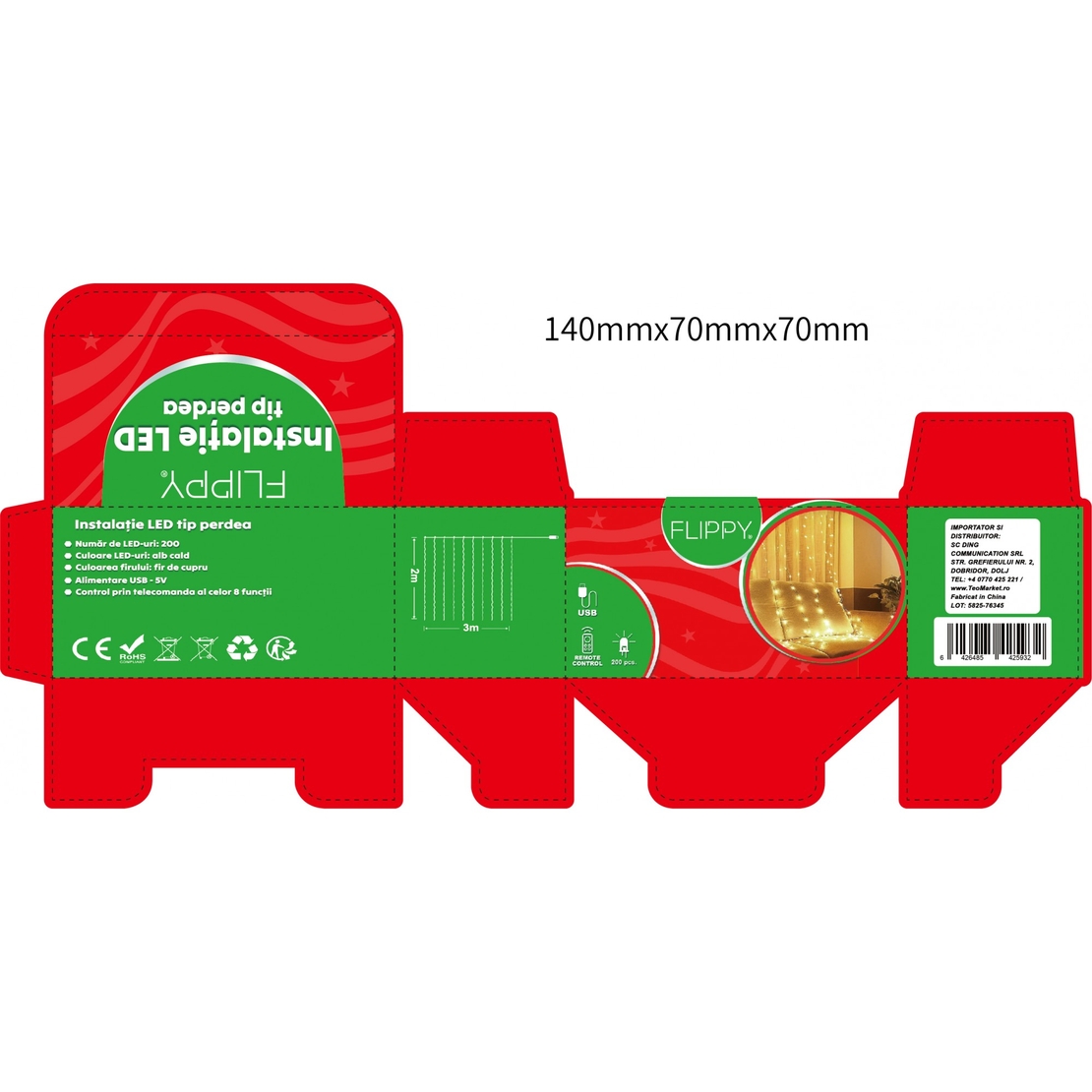 Instalatie Craciun, Tip Perdea IP44, 3m x 2m, 200 Led-uri, Alb cald, USB si telecomanda cu 8 functii, Flippy