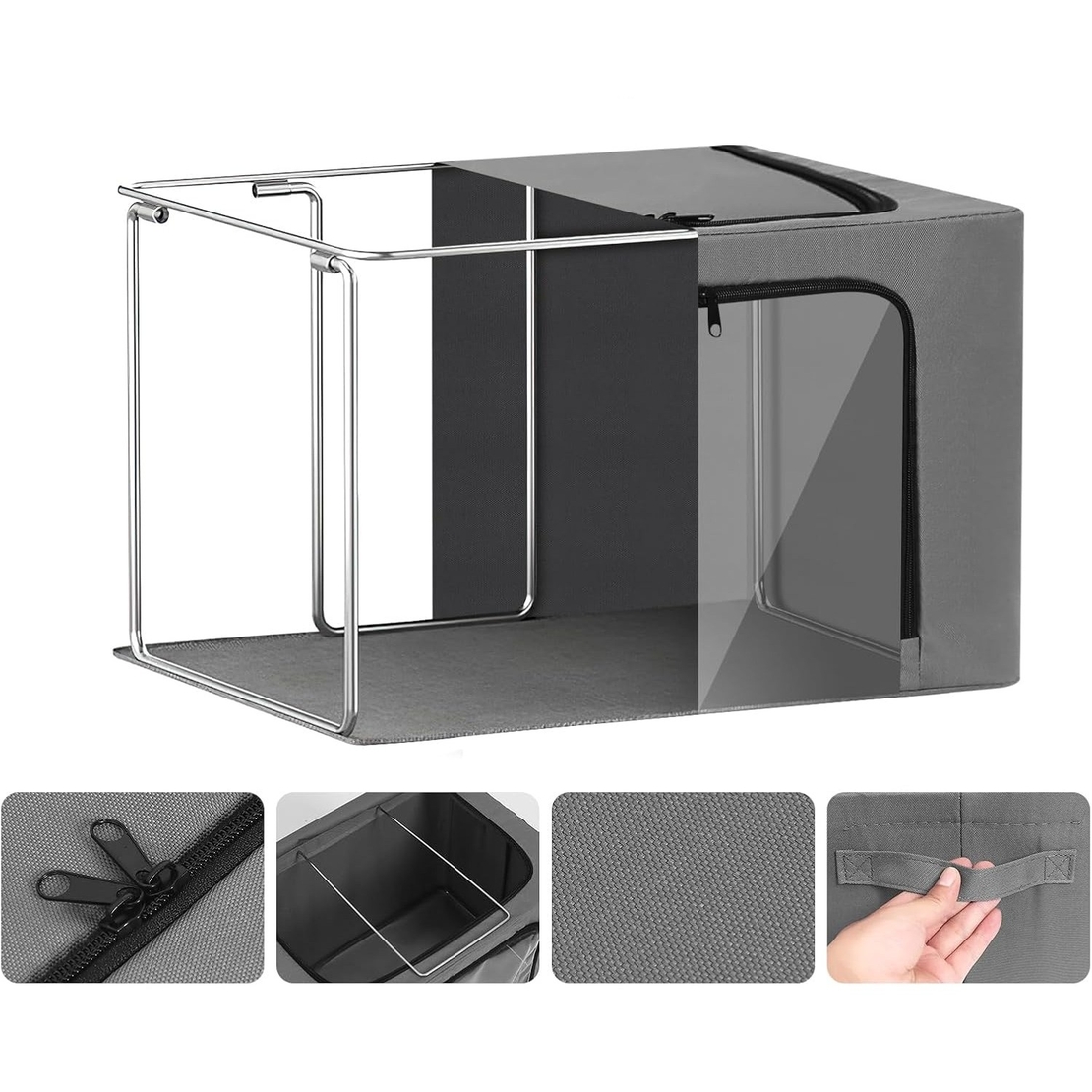 Cutie de Depozitare, Flippy, cu 3 Ferestre cu Fermoar Bidirectional, Cadru din Otel, Impermeabil, 38L, 42 x 30 x 30 cm, Gri Inchis