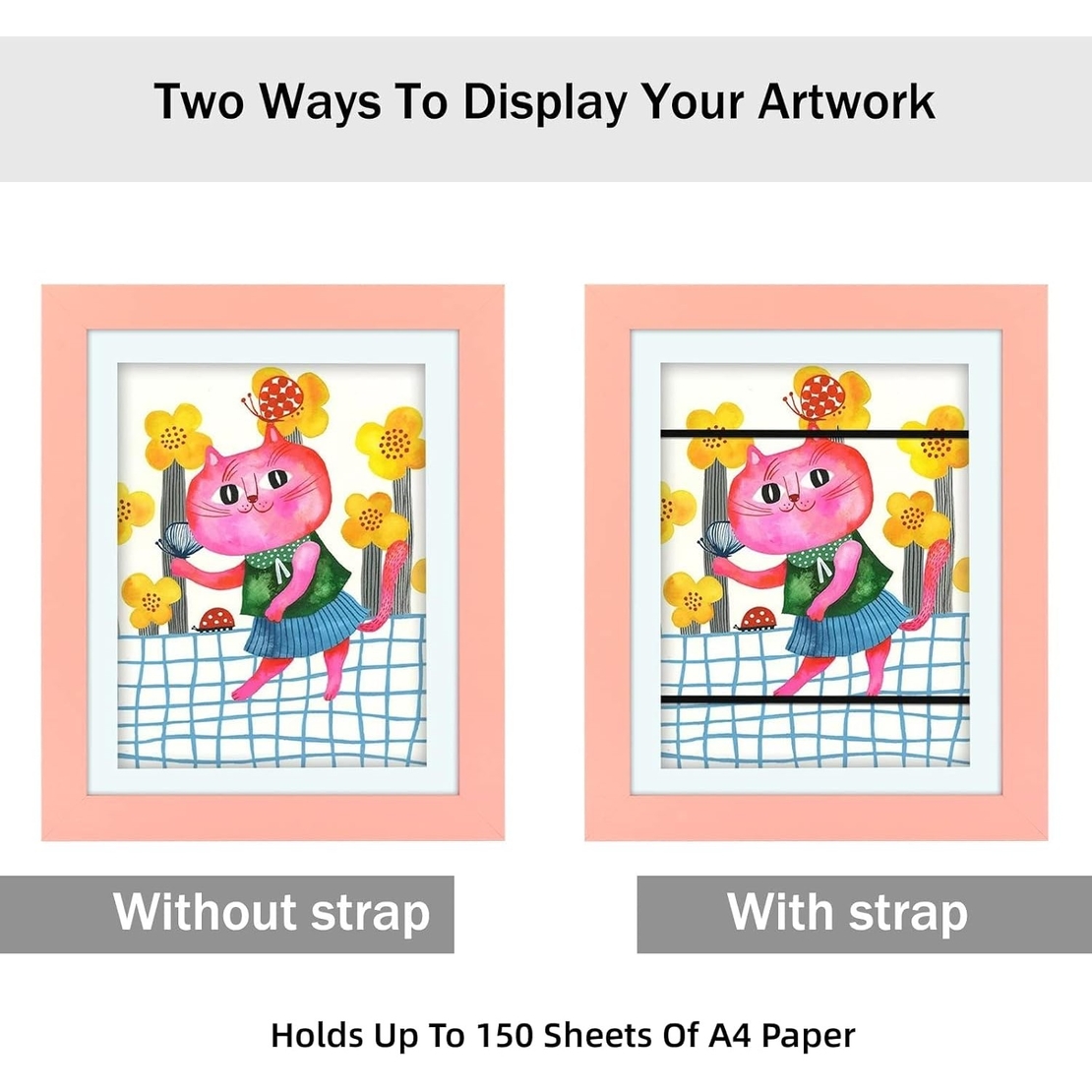 Rama Foto Flippy, cu Magnet, din Lemn, cu Spatiu Pentru Depozitare, Pentru Desene si Picturi A4, Sticla Securizata, Rama MDF, 21x30 cm, Roz