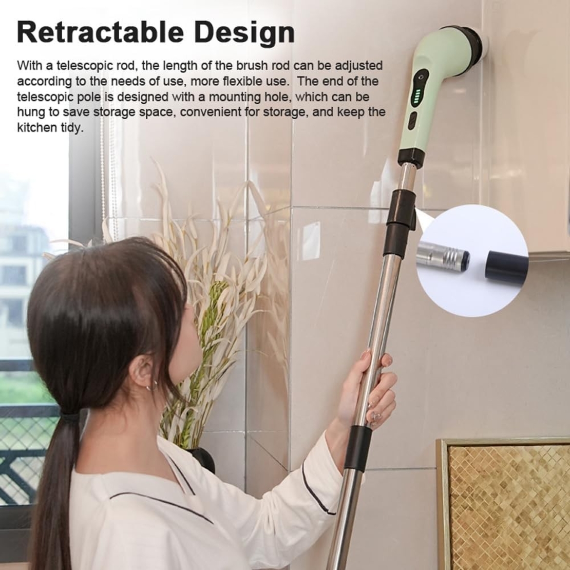 Perie Electrica de Curatare, Flippy, pentru Gresie, Baie, Bucatarie, 25x20x9.5 cm, cu 9 Capete, Maner Extensibil Detasabil 84-127cm, Incarcare USB-Type C, Rotire 360 de Grade, 3000 mAh, Culoare: Verde