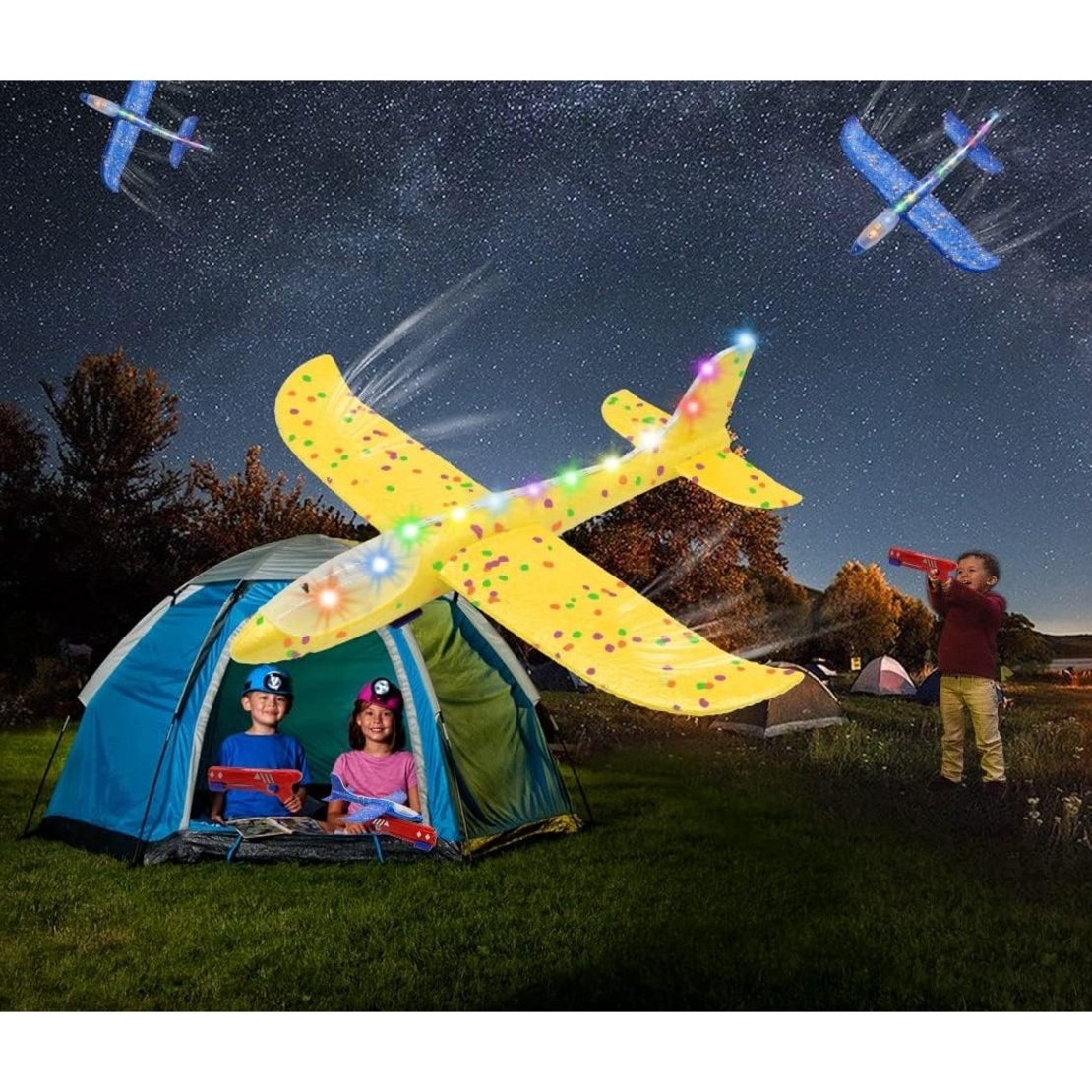 Pistol cu Lansator de Avion, Flippy, din Polistiren+Plastic, +3 Ani, Avion 38 cm, Lansare 10 m, cu Lumini si Roti, Galben/Albastru