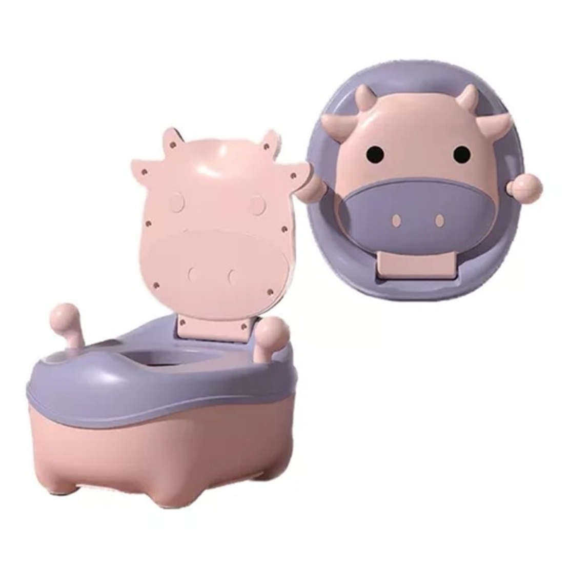 Olita pentru Copii, Flippy, +1an, Portabila, Model Vacuta, cu Capac, Prietenoasa, Non-Toxic, Compartiment Detasabil, cu Manere, cu 4 Picioare, Usor de Curatat, Roz