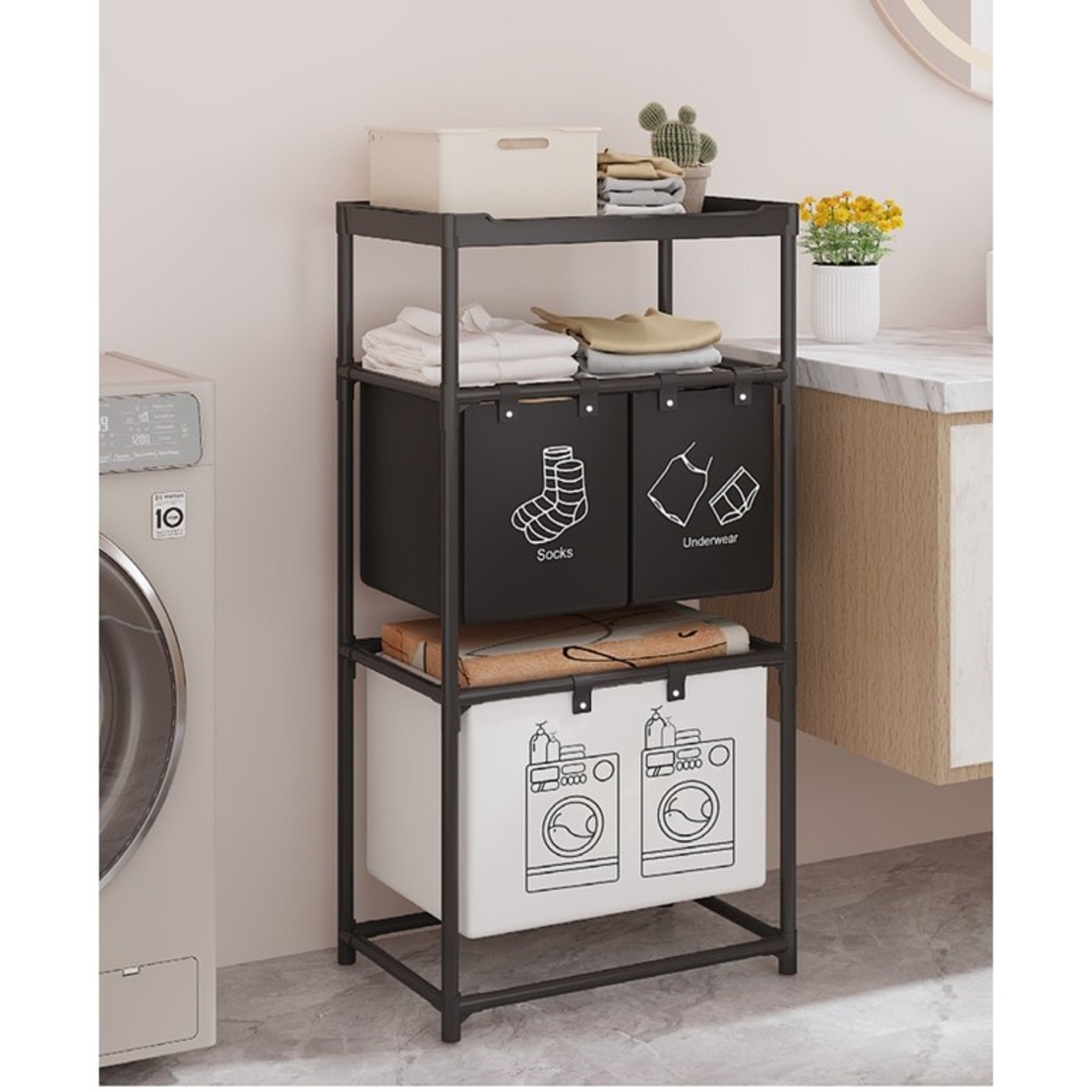 Cos de Rufe, Flippy, 3 Rafturi, 3 Cosuri, Cadru de Otel Inoxidabil, 123x28x57 cm, Negru