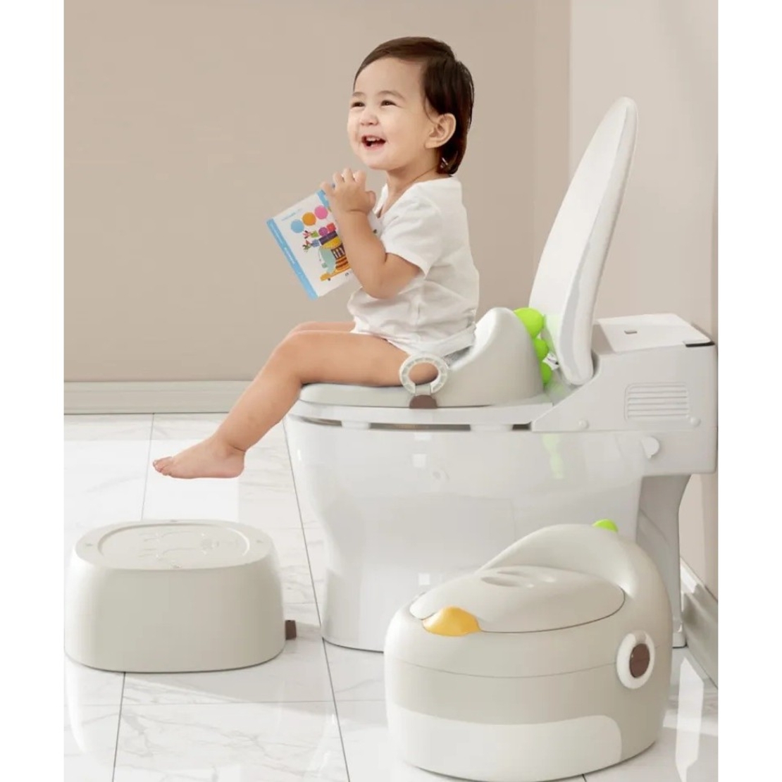 Olita pentru Copii, Flippy, 3 in 1, Detasabila, Inaltator, Reductor WC, cu Capac, 100 de Saci de Unica Folosinta, Gri
