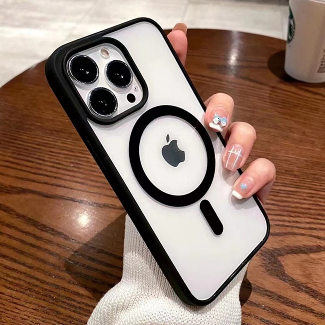 Husa MagSafe pentru Apple iPhone 14 Pro, Full Cover, Frosted Acrylic Color Big Hole, Magnetica, Incarcare Wireless, Flippy, Negru