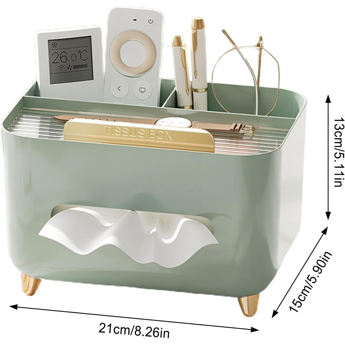 Suport pentru Servetele, Flippy, Cutie Multifunctionala, Design Minimalist, ABS, cu Suport pentru Obiectele Personale, pentru Birou, 21x15x13 cm, Verde