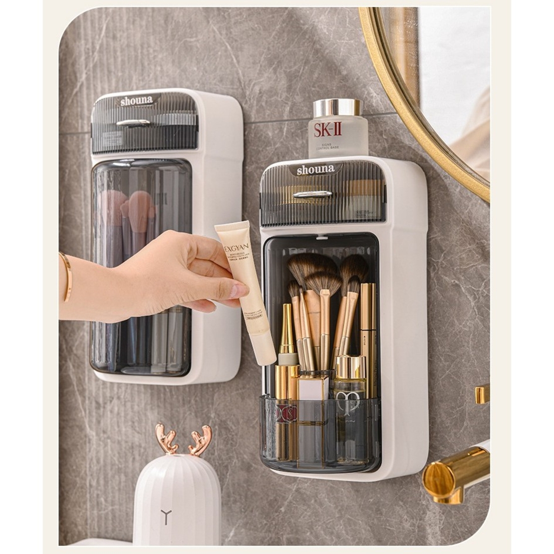 Organizator Baie, Flippy, 4 Compartimente si 1 Sertar, Rotire 360 Grade, din PP+PET, 27.5 x 16 x 11 cm, Alb/Negru