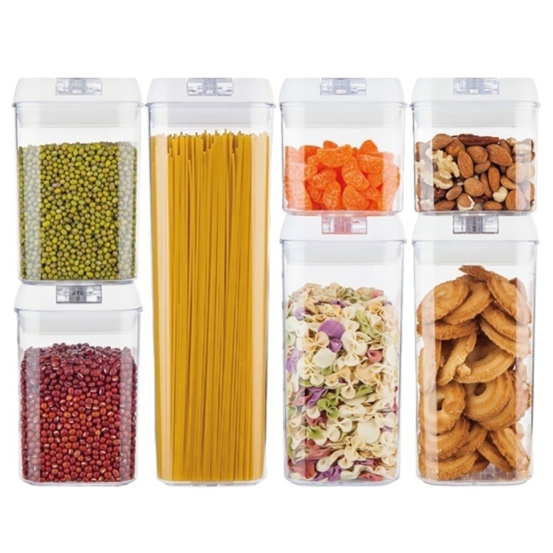 Set 7 Recipiente din Plastic, Flippy, pentru Alimente/Obiecte, Inchidere Ermetica, 2 x 0.5l, 2 x 0.8l, 2 x 1.2l, 1 x 1.9 l, Capac Alb, Transparent