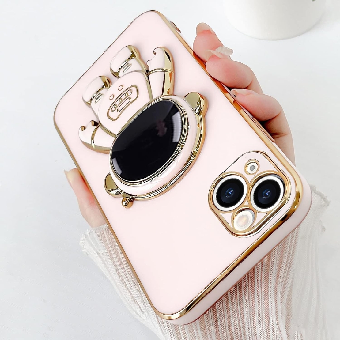 Husa de Protectie TPU 2in1, Flippy, pentru Apple iPhone 14, Astronaut cu Suport, Antisoc, Rezistenta la Impact, Protectie Camera, Roz