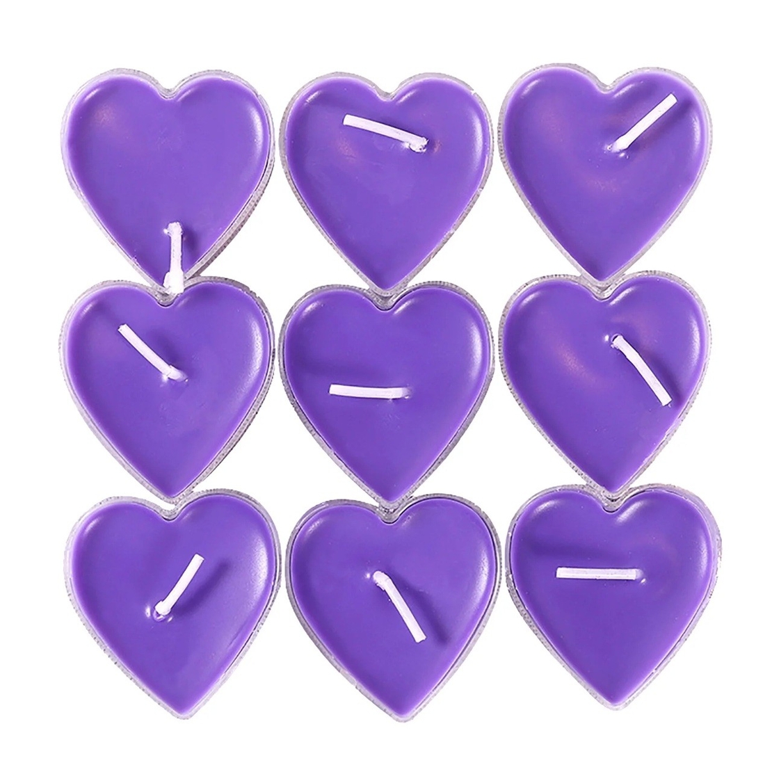 Set 9 Lumanari in Forma de Inima, Flippy, pentru Ziua Indragostitilor, Aroma de Lavanda, Ardere 3.5 h, din Parafina, 4 x 2 cm, Mov