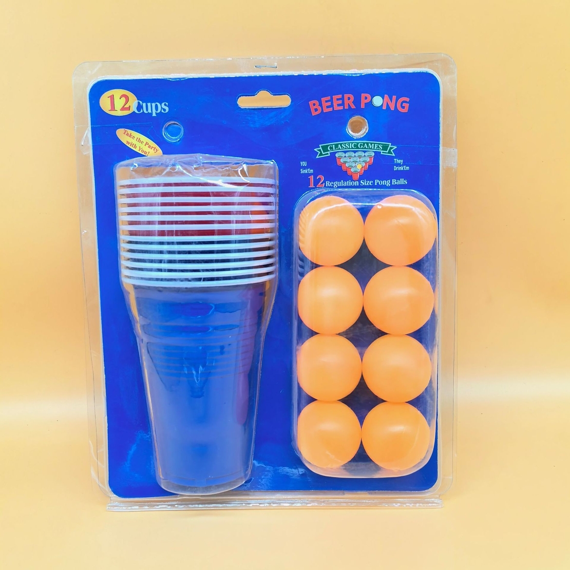 Joc de Baut BEER PONG, Flippy, Set din 12 Mingi de Tenis si 12 Pahare Reutilizabile, Joc Interactiv pentu Adulti, Albastru Rosu
