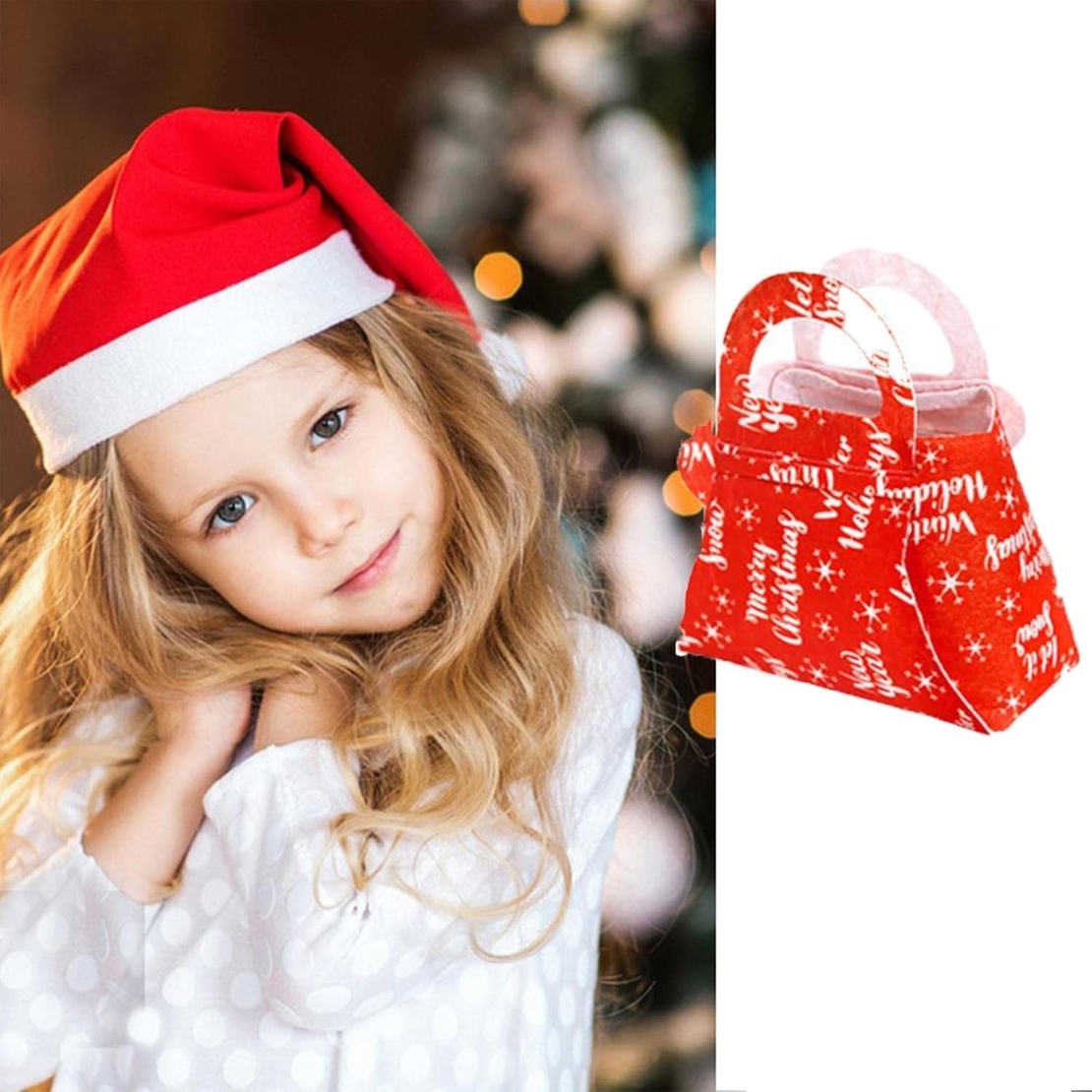 Geanta pentru Copii, Flippy, Pliabila, pentru Cadouri de Craciun, din Panza Netesuta, Merry Christmas, 13 x 12 x 6 cm, Rosu
