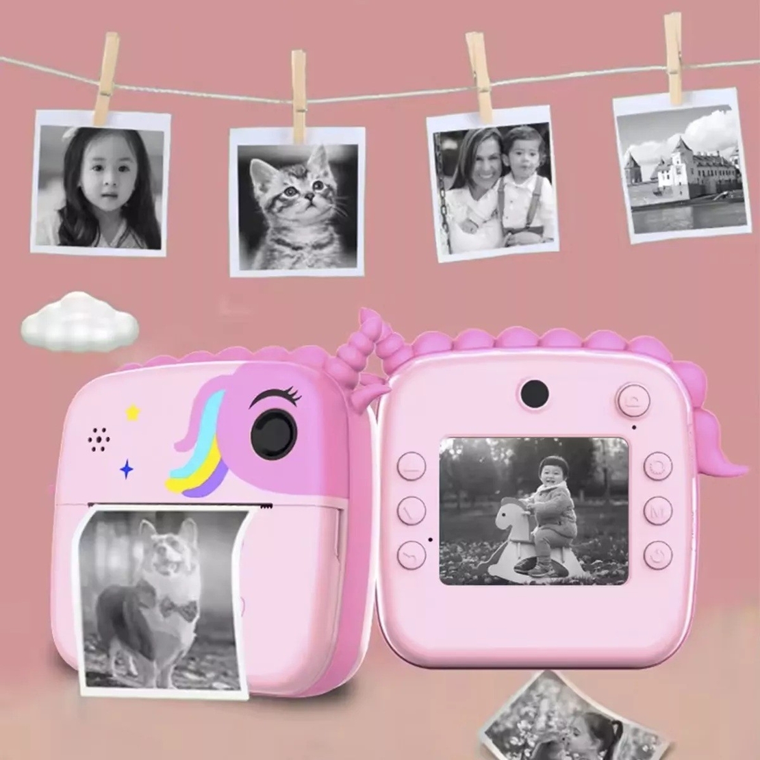 Camera Instantanee pentru Copii, Flippy, Camera Frontala + Selfie, cu Functie de Printare, Cablu USB-C, Bluetooth, Compatibil iOS/Android, Model Unicorn, Snur Inclus, Roz