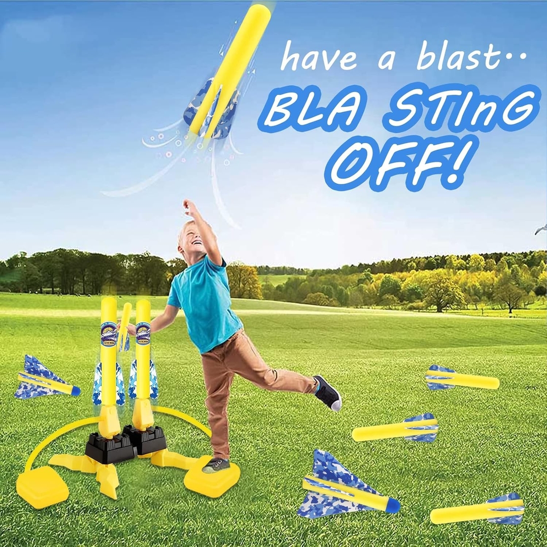 Jucarie pentru Copii, Flippy, Lansator de Rachete cu Piciorul, Doua Lansatoare, 6 Rachete Fara Lumini, 45x18 cm, Galben