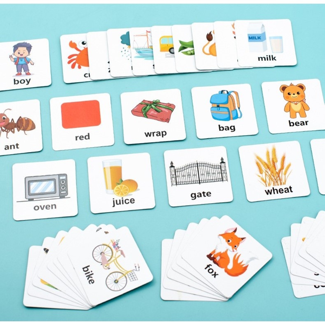 Joc cu Blocuri din Lemn, Flippy, Formare Cuvinte, Cartonase cu Obiecte si Animale, Clopotel, Joc pentru 4 Persoane, 3 Ani+, 28x15.5x5 cm, Multicolor