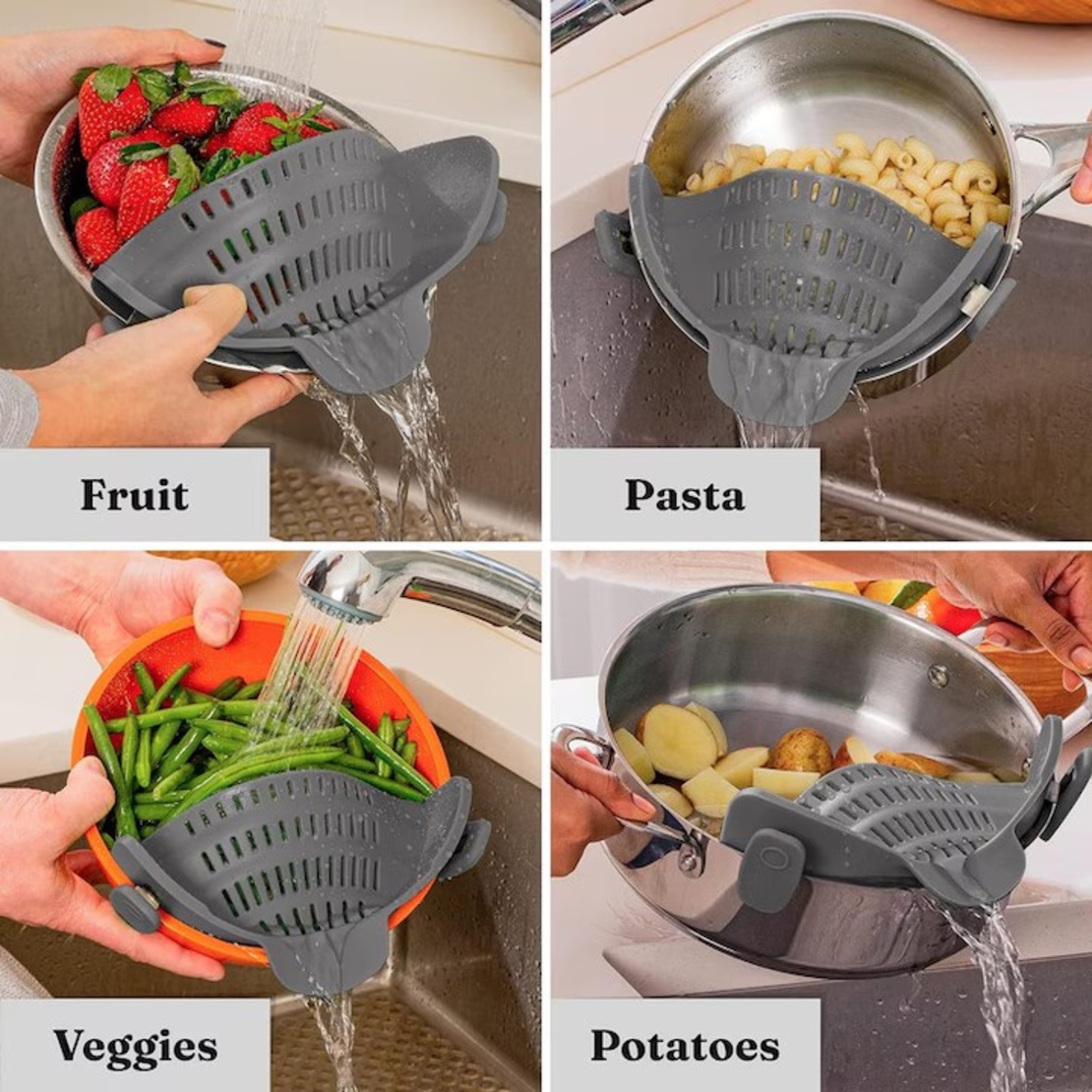Strecurator Filtru pentru Vase, Flippy, din Silicon Rezistent la Temperaturi Inalte, Universal, Paste, Legume, Fructe, 23x12.5x6.7 cm, Gri