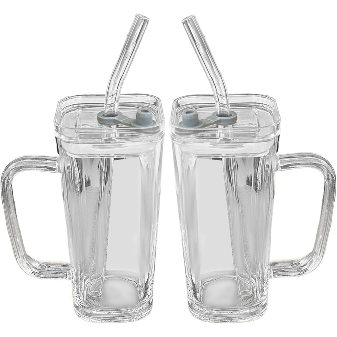 Pahar pentru Racoritoare, Flippy, din Sticla, 330 ml, cu Pai si Maner, Model Clear, Transparent