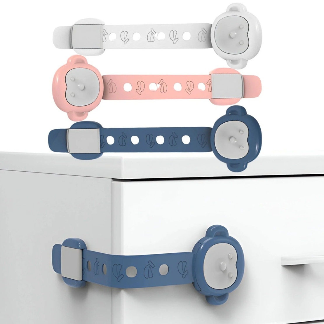 Siguranta pentru Usi Copii, Flippy, Sistem de Blocare Sertare, Dulap, Frigider, Adeziv, cu Sistem de Inchidere Dublu, Model Maimutica, Alb