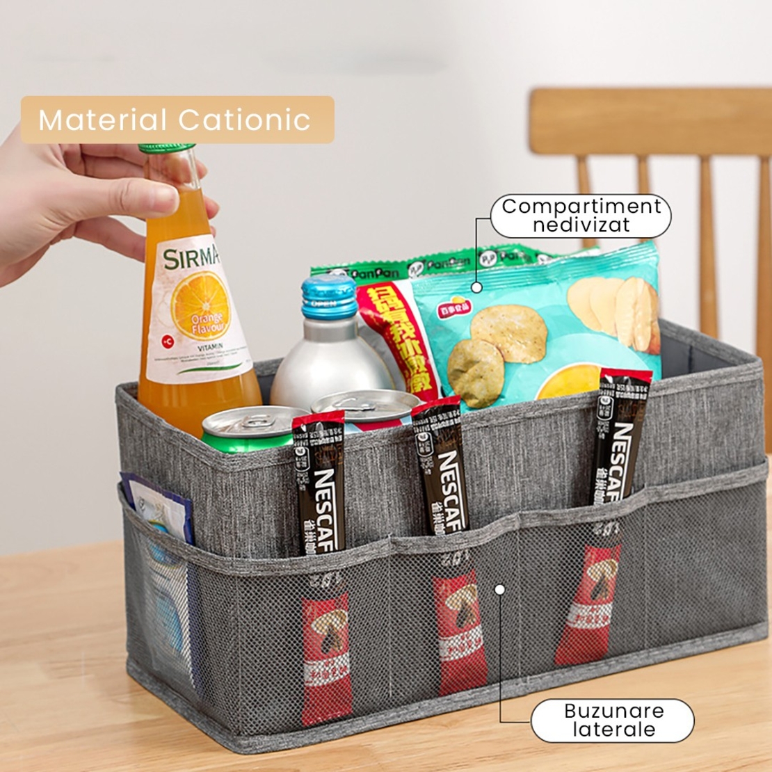 Cutie Depozitare cu Cadru Metalic, Flippy, pentru Bucatarie, snacksuri, pliabila din poliester Oxford, 30 x 15 x 15 cm Gri
