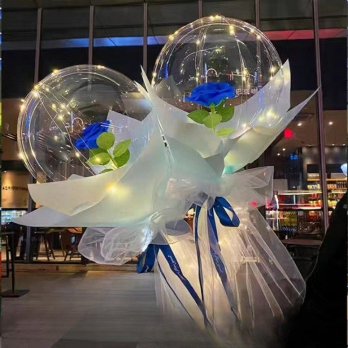 Set Trandafir in Balon LED cu Lumini, Flippy, Tip Buchet, Diametru 35 cm, Albastru
