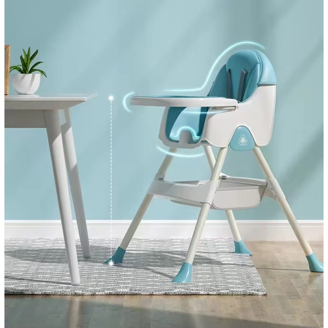 Scaun de Masa Pliabil 3in1, Flippy, Reglabil, Multifunctional, 3 Pozitii, Masuta si Husa Detasabile, Centura de Siguranta, Albastru