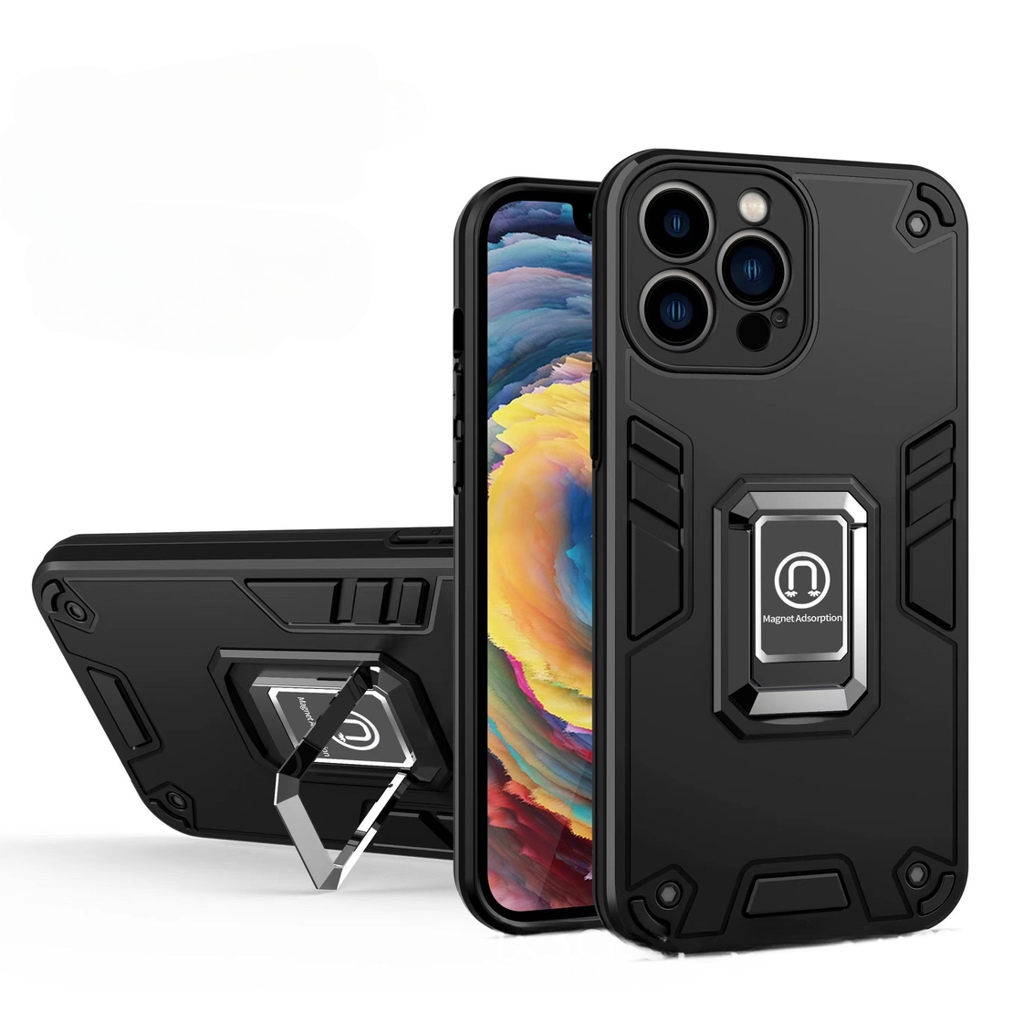 Husa Iron Warriors pentru iPhone 14 pro, Flippy,  Hybrid Ring Holder Kickstand, Negru