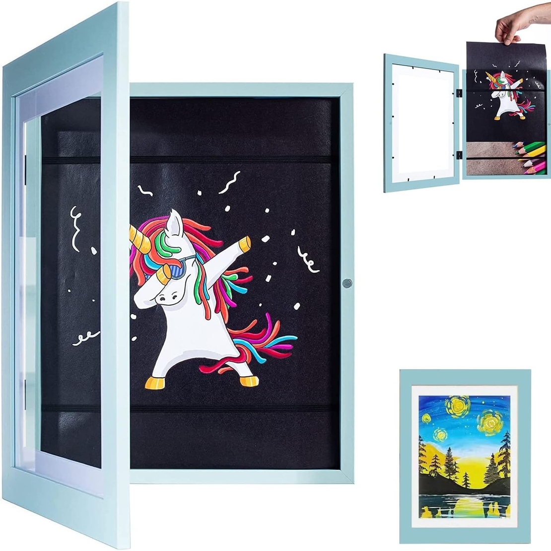 Rama Foto Flippy, cu Magnet, din Lemn, cu Spatiu Pentru Depozitare, Pentru Desene si Picturi A4, Sticla Securizata, Rama MDF, 21x30 cm, Albastru