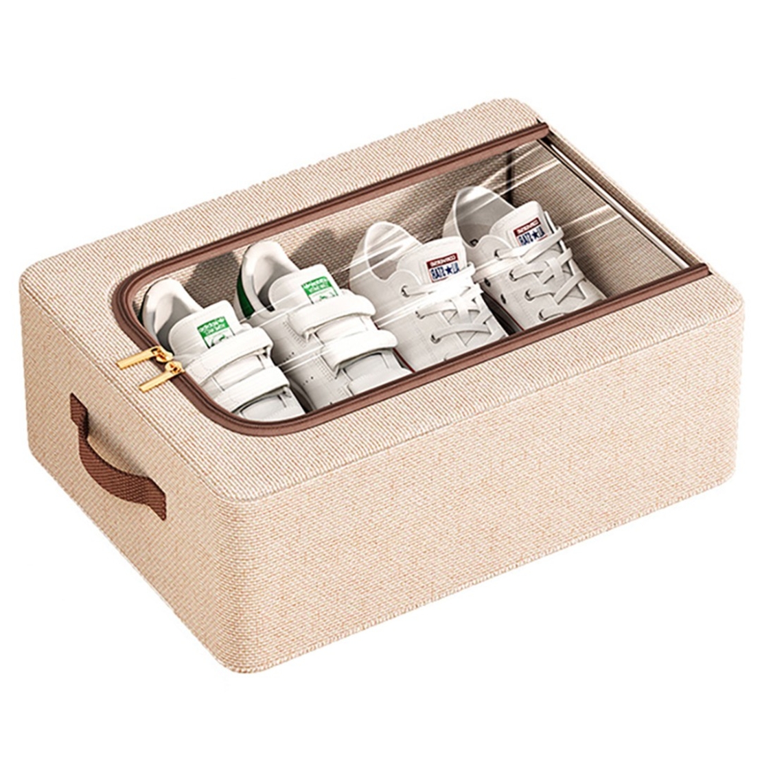 Cutie Depozitare cu Cadru Metalic, Flippy, pentru Incaltaminte, Haine, Lingerie, Fermoar Calitativ, Fereastra Transparenta, Manere Laterale, 40 x 30 x 15 cm Bej