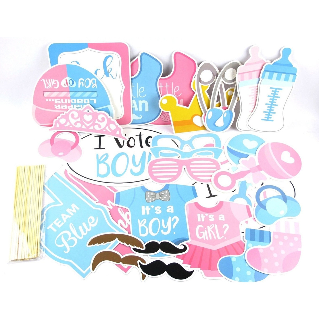 Set 30 de Accesorii pentru Petrecere, Flippy, Props pentru Coltul de Poze, Gender Reveal, Tematica Baby Shower, Albastru-Roz