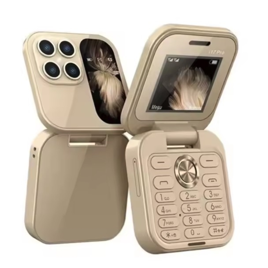 Telefon Mobil Seniori i17 Pro 2G, Flippy, Dual SIM, Bluetooth, Meniu in Limba Romana, si Butoane Mari pentru Varstnici, Baterie pana la 96 ore, Auriu