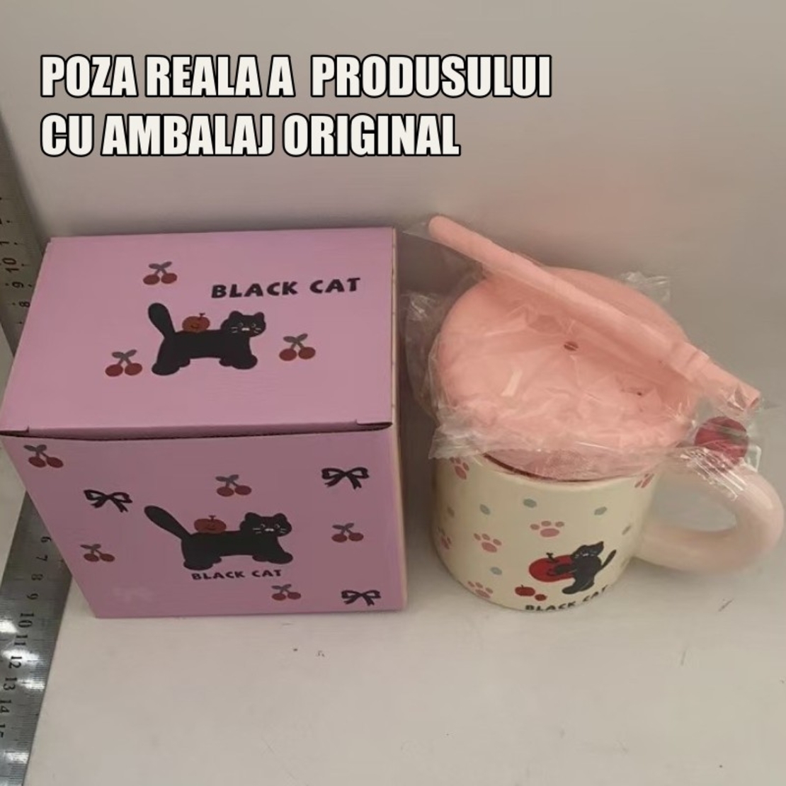 Cana din Ceramica cu Capac si Pai, Flippy, Capacul si Paiul din Silicon Roz, 9x8.5 cm, Model Cute D, Capacitate 380ml
