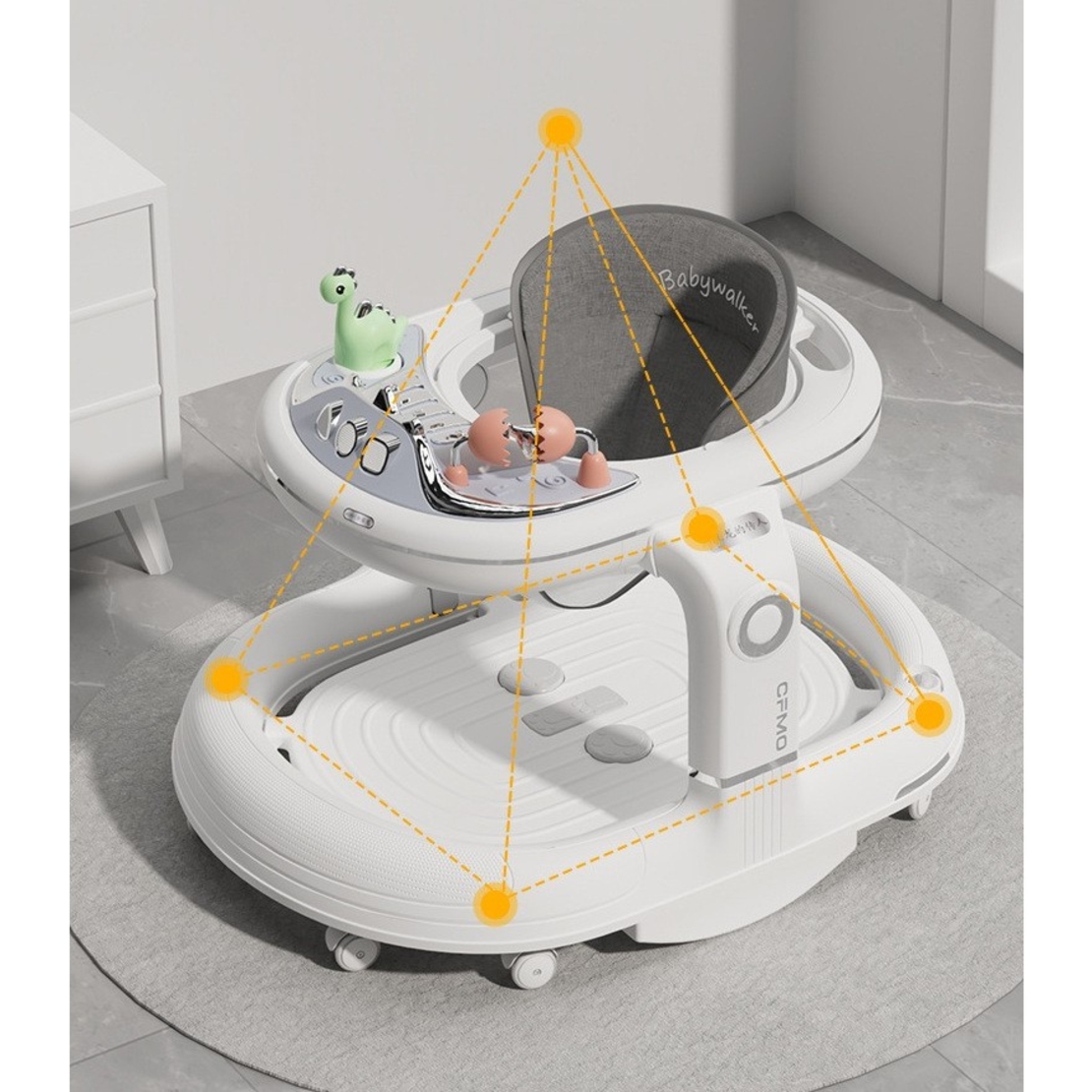 Premergator 4in1, Flippy, Antemergator, Balansoar, Scaun de Masa, Functie Muzicala, din ABS, Roti Universale, Inaltime Reglabila, Sistem Antirasturnare, Greutate Portanta 25 kg, +6 Luni, Alb